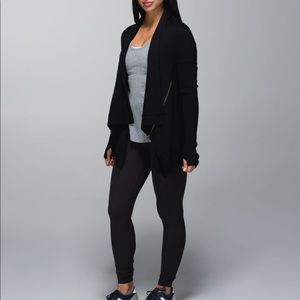 Lululemon Wrap It Up cardigan sweater in black merino wool with elbow patches